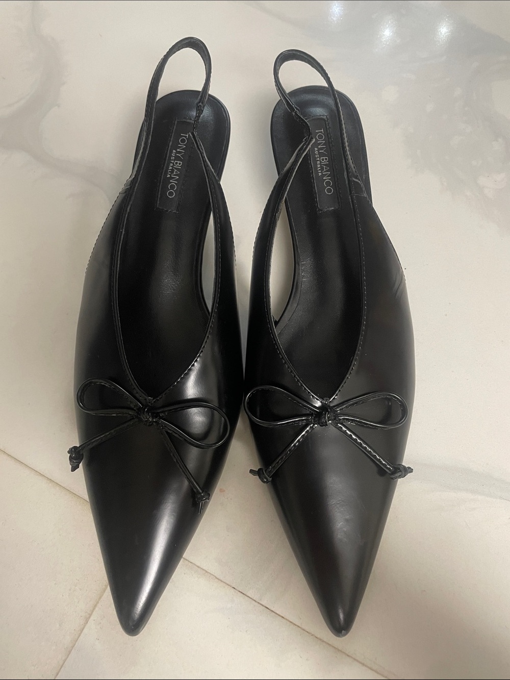 Tony Biiano Black Pointed Toe Slingback Heels with Decorative Bow